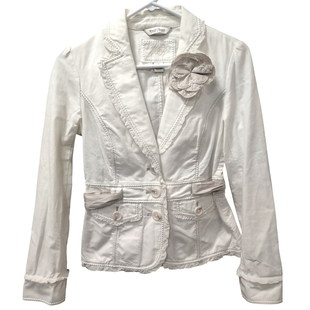 White House Black Market Women's White‎ Cotton Lace Trimmed Blazer Jacket Size 2